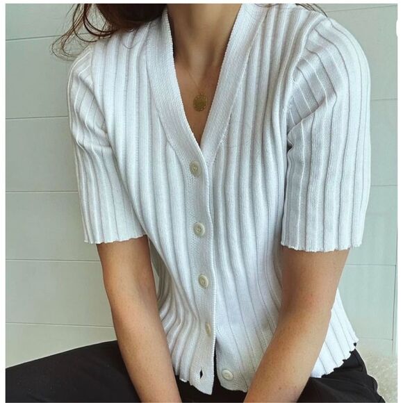 Kinross Short Sleeve Ribbed Button Down White Cardigan - US Women’s S - Picture 1 of 12